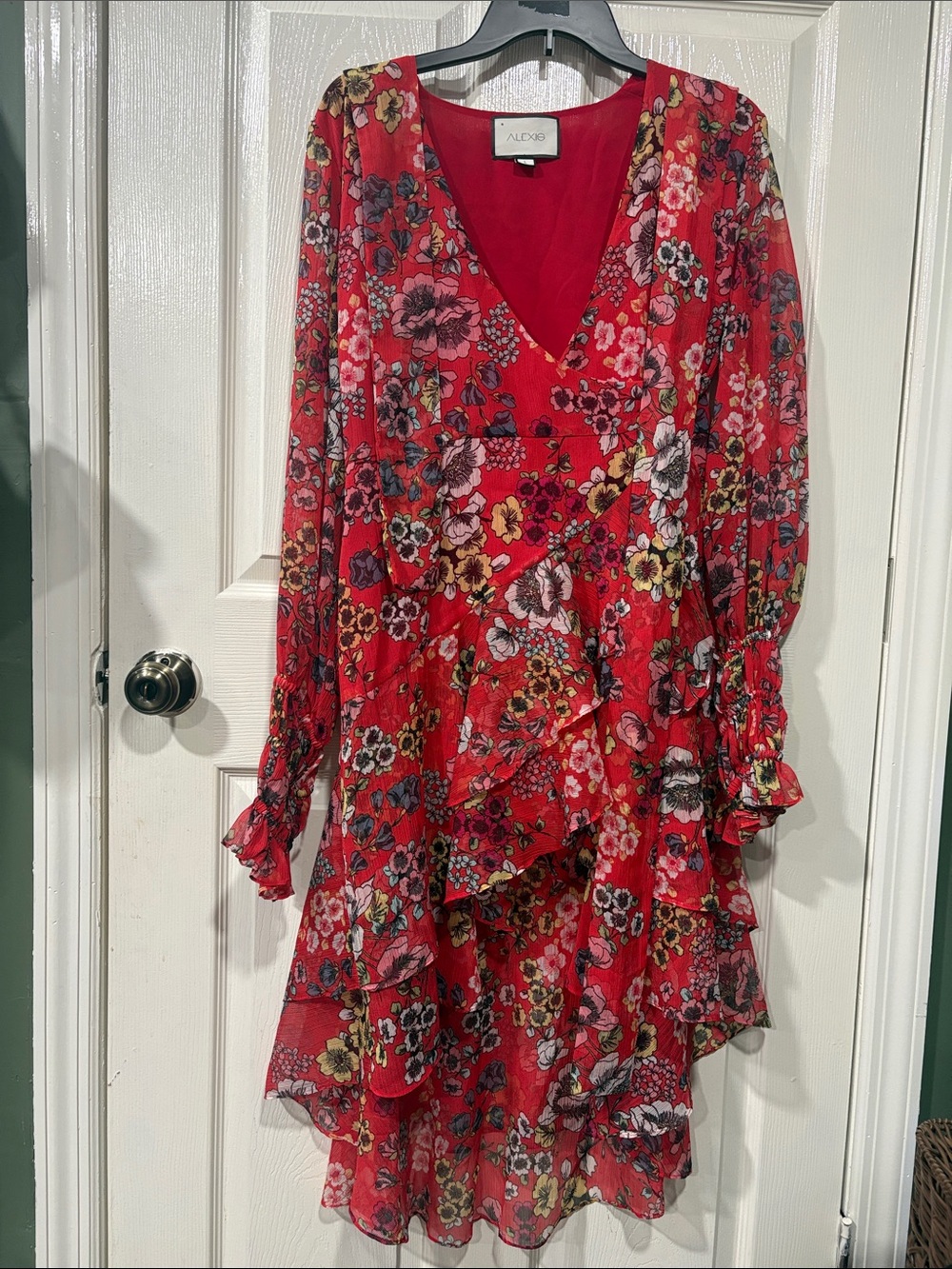 Alexis Red Floral V-Neck Tiered Ruffle Long-Sleeve Dress